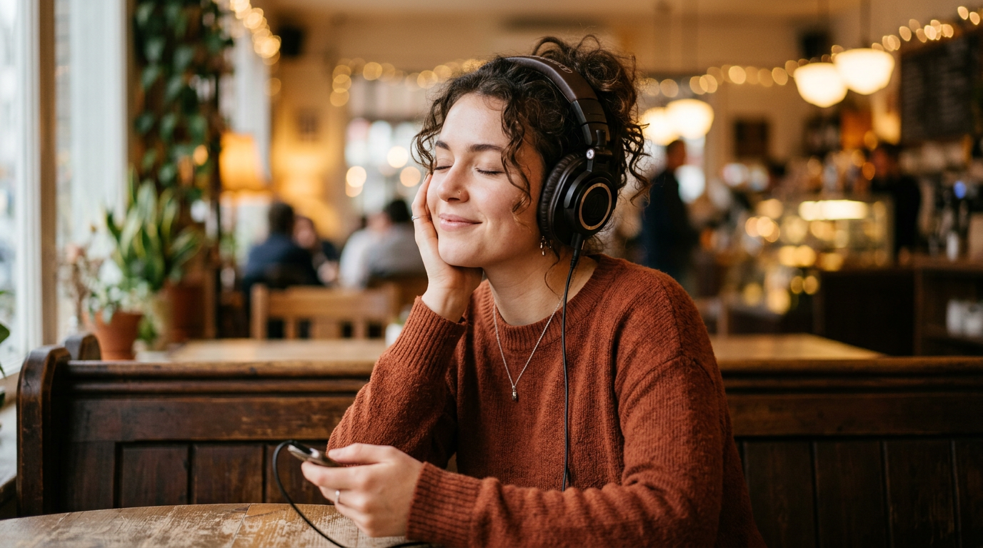 Creative person with headphones listening to music