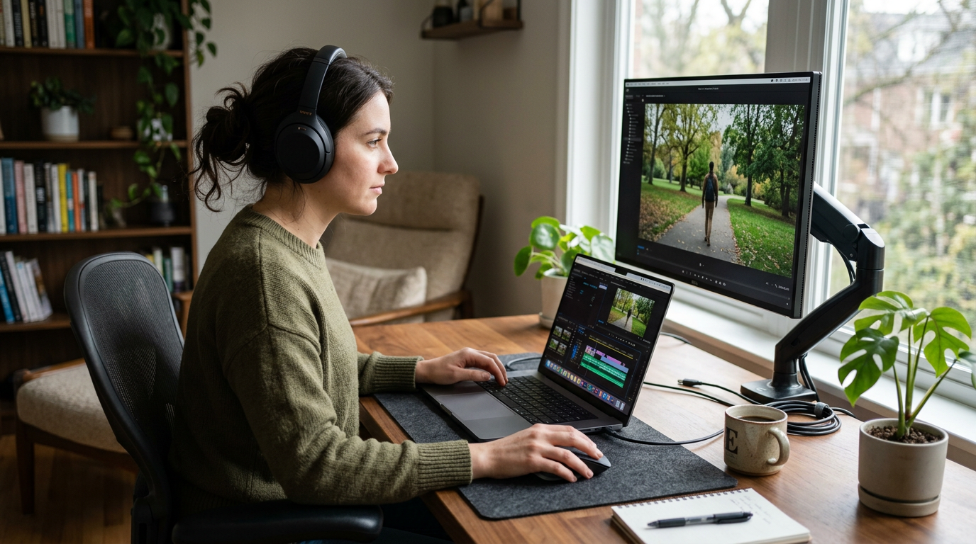 Person editing video on laptop with headphones