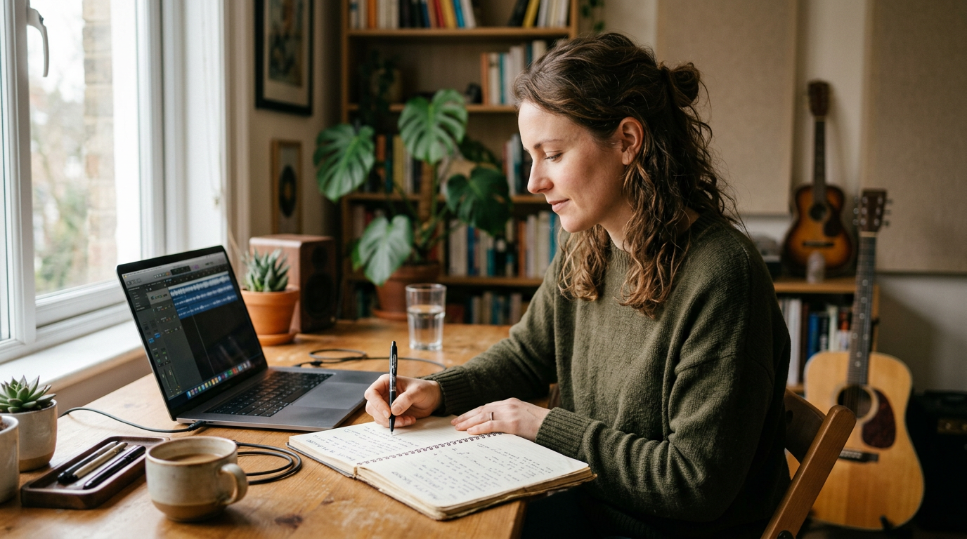 Songwriter writing lyrics at desk with notebook and laptop