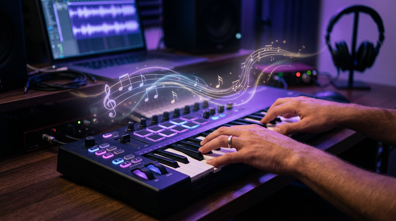 Hands on keyboard with sound waves