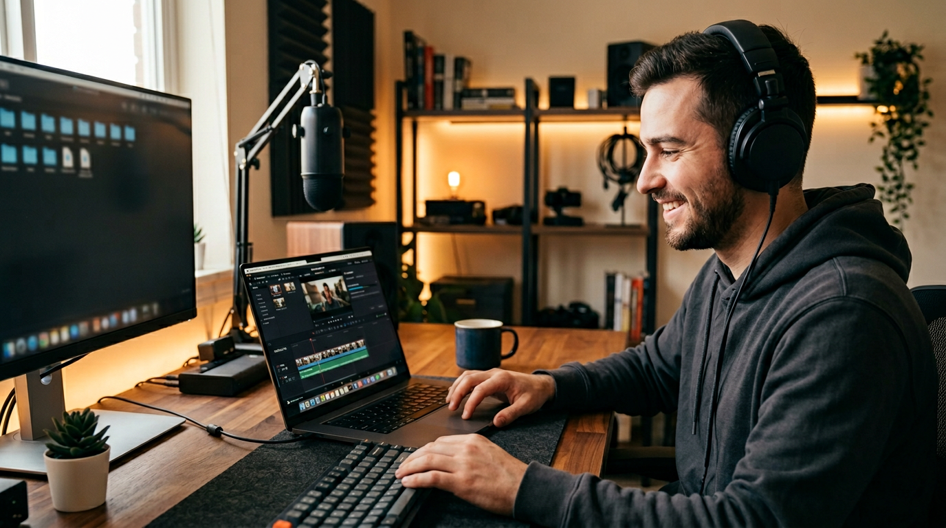 Creator with headphones exporting