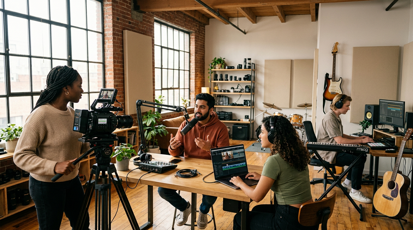 Content studio with creators and equipment